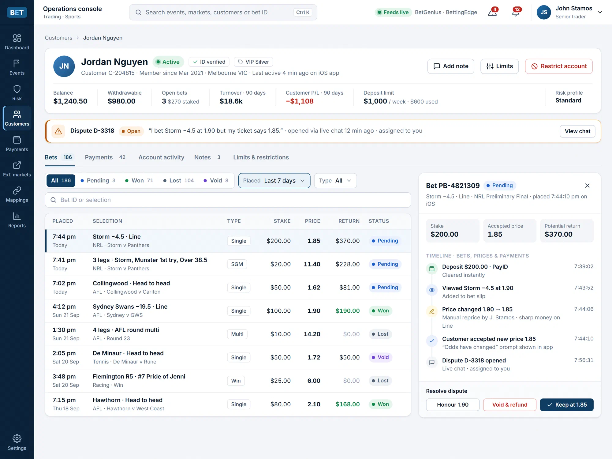 A customer's account view with an open bet dispute, showing the full bet, payment and price-change timeline side by side with Honour, Void & refund and Keep at new price resolution actions