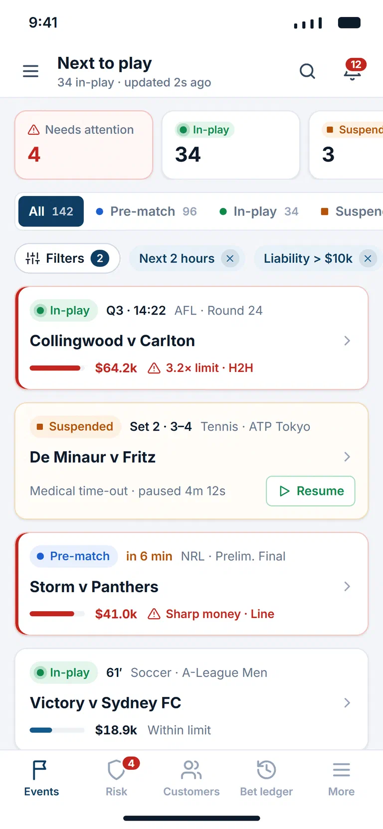 The 'Next to play' events queue on mobile, with the same status counts, filters and bulk actions as the desktop view