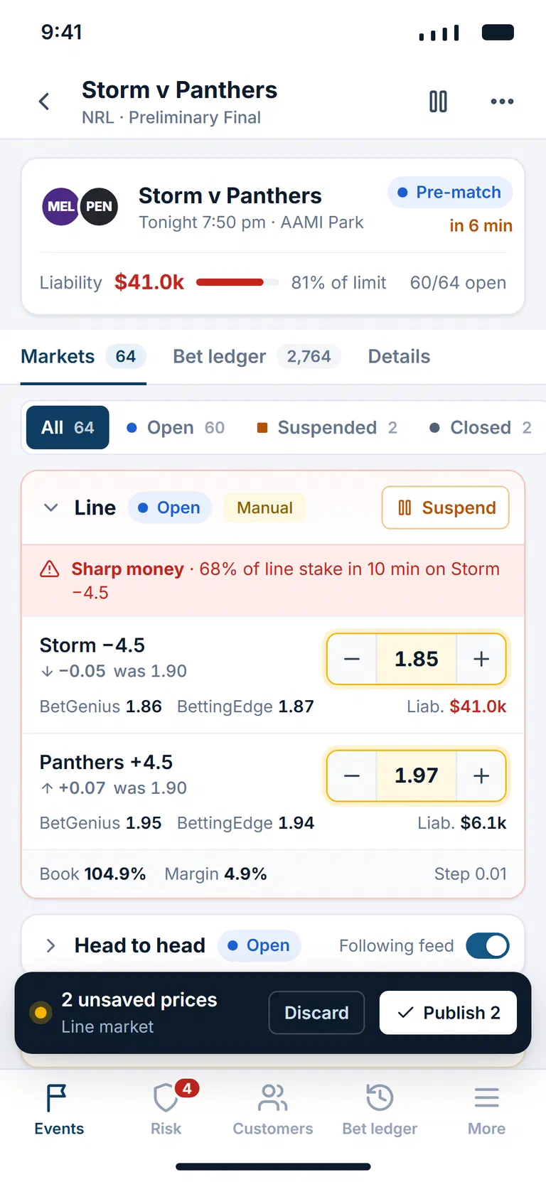 The market management view for an event on mobile, with editable prices and a pending-changes publish bar