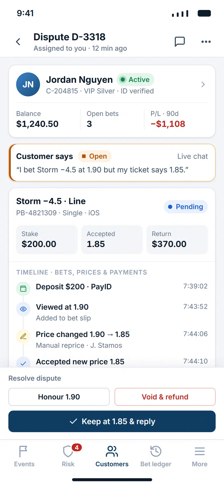 A customer's bet dispute view on mobile, with the bet, payment and price timeline and resolution actions