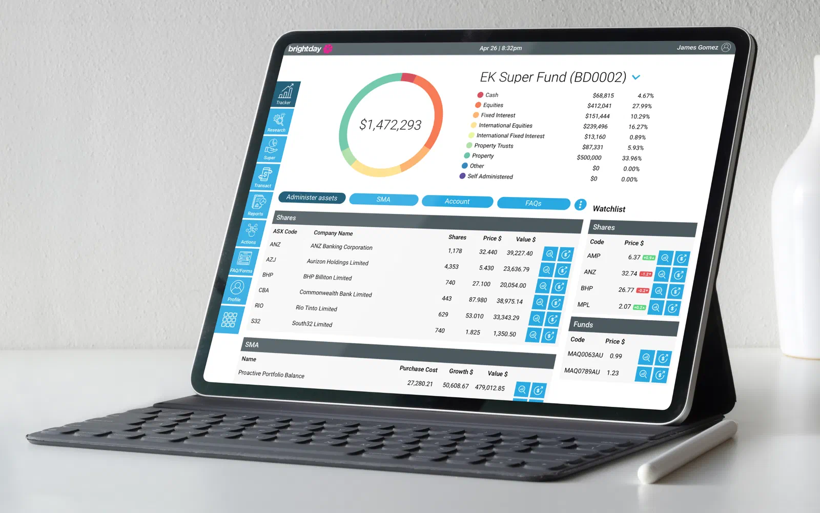 An iPad with keyboard case showing the Brightday Tracker dashboard: a donut chart of asset allocation, a shares table and a watchlist panel