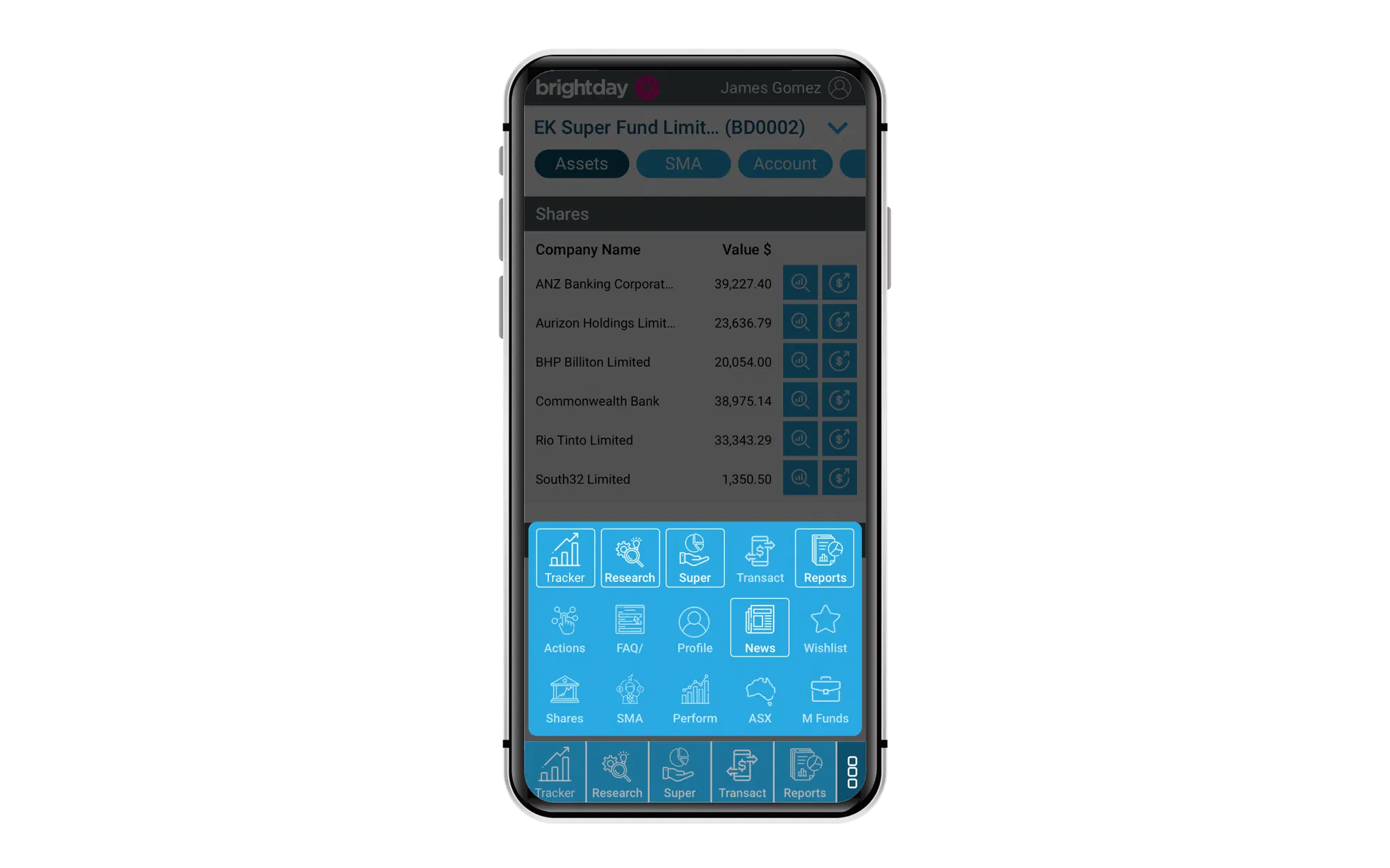 A phone showing the Brightday app with the Shares list dimmed behind an open dock menu of navigation icons
