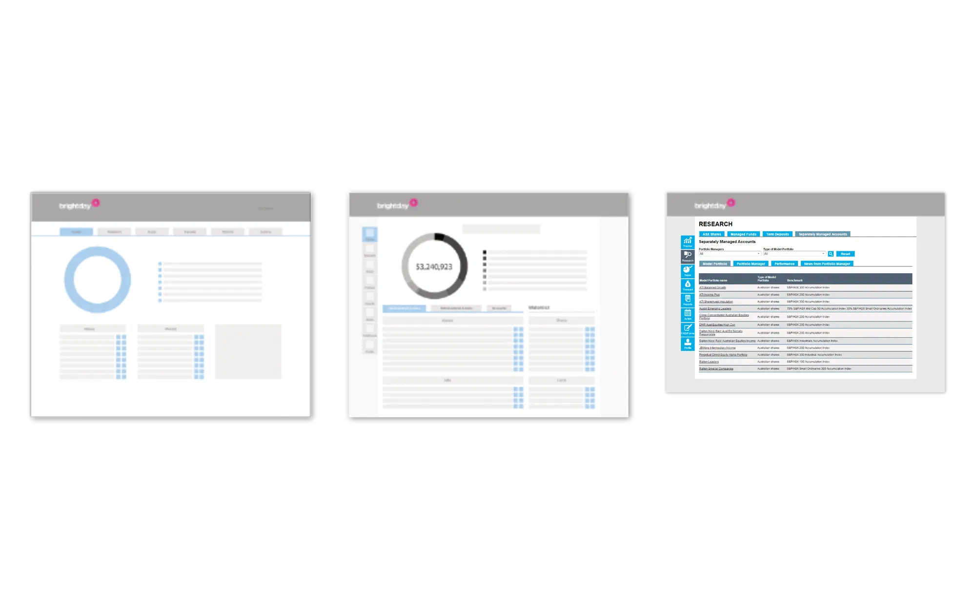 The early wireframes restyled with the Brightday logo and blue accent colour, still at low fidelity