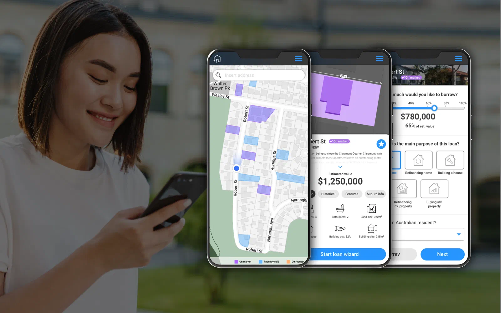 A woman checking her phone next to three screens: the interactive property map, a 3D building footprint, and the loan wizard's borrowing-amount step
