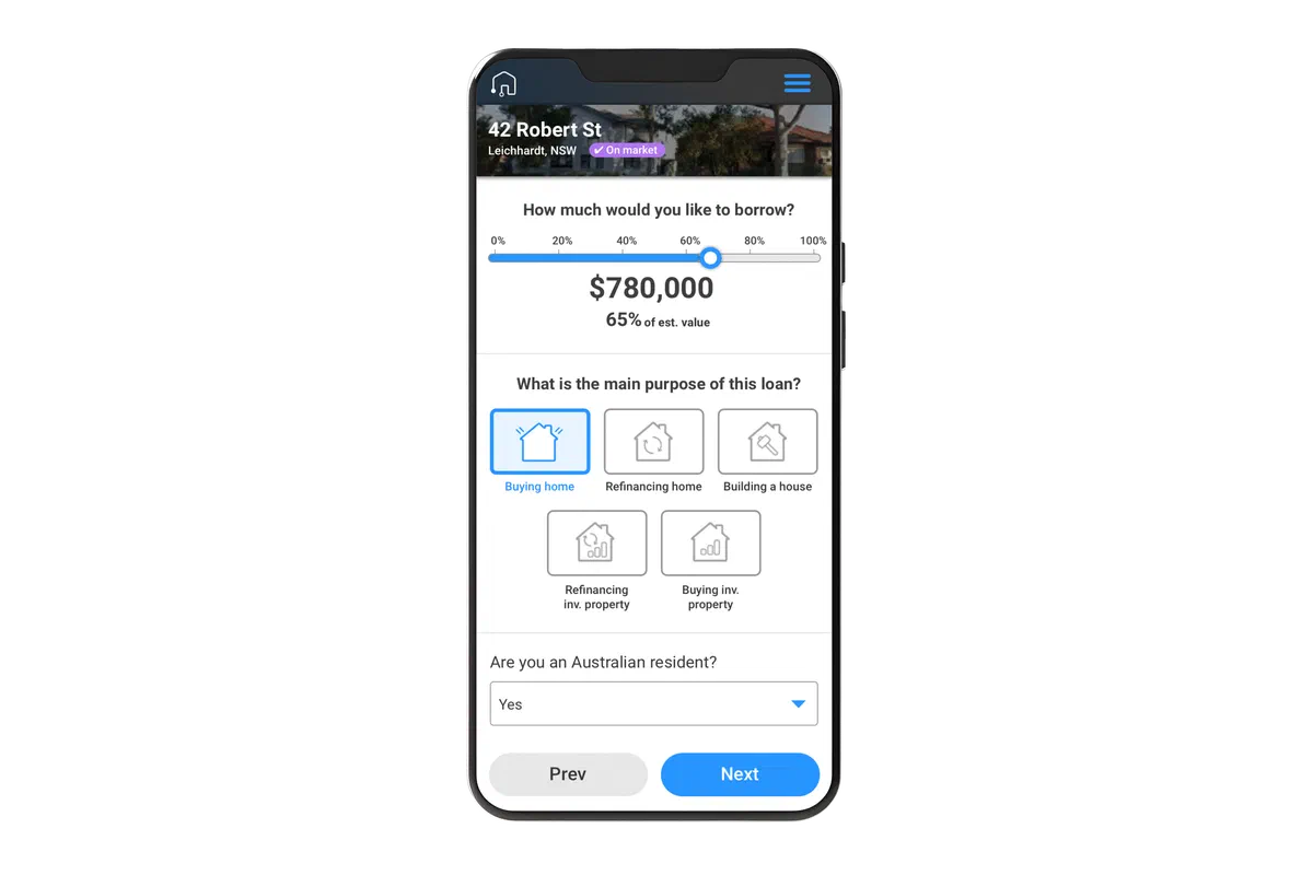 The loan wizard's borrowing step: a percentage slider set to $780,000 (65% of estimated value), five loan-purpose icon options, and an Australian-resident dropdown
