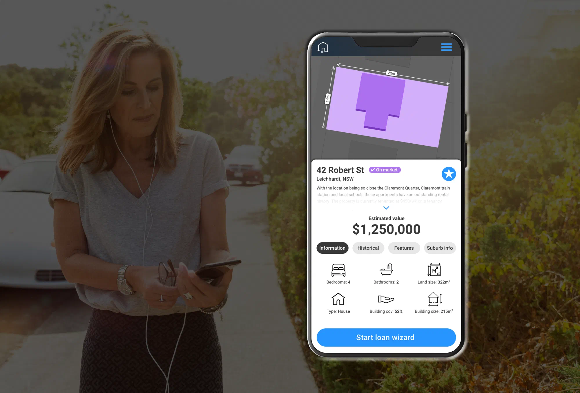 A woman checking a property report on her phone on a suburban footpath: 42 Robert St, Leichhardt, with a 3D building footprint, estimated value of $1,250,000 and a Start Loan Wizard button