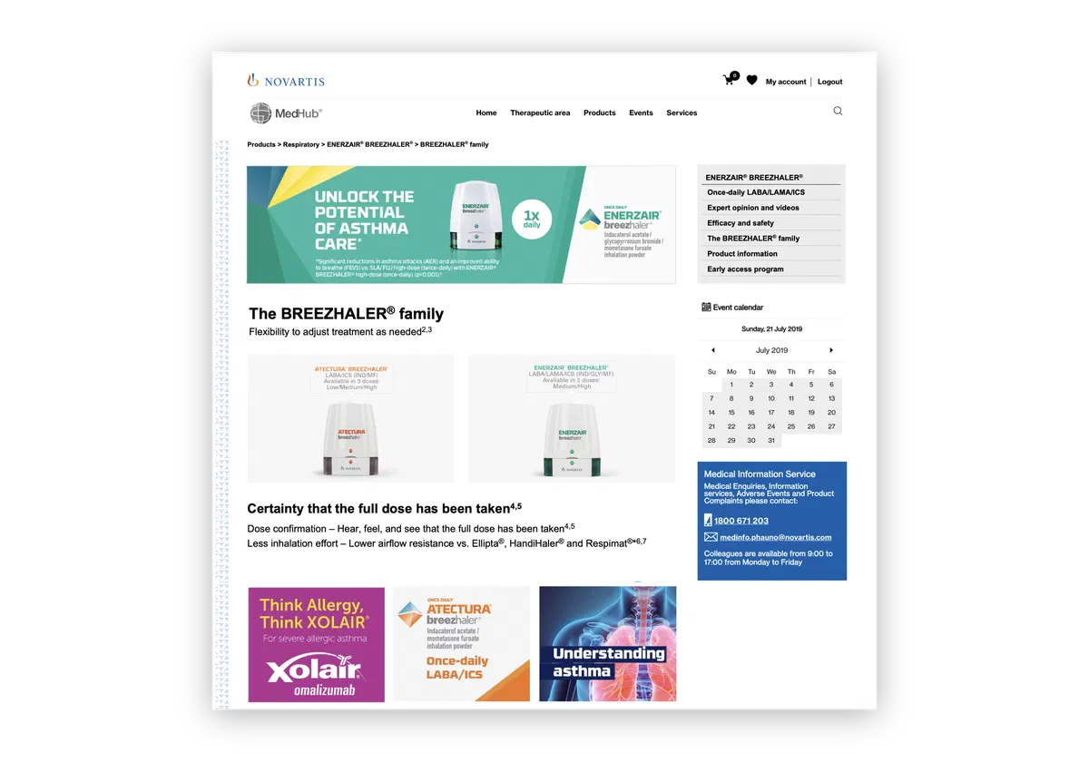 The BREEZHALER family product page for ENERZAIR BREEZHALER and ATECTURA BREEZHALER, showing dosing, inhalation-effort comparisons and related product tiles