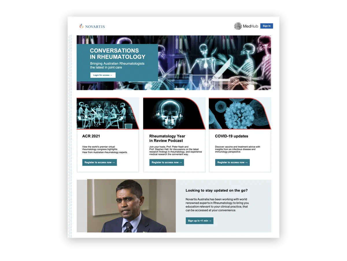 The Conversations in Rheumatology homepage, with an X-ray-styled hero banner and tiles for ACR 2021, the Rheumatology Year in Review podcast, and COVID-19 updates