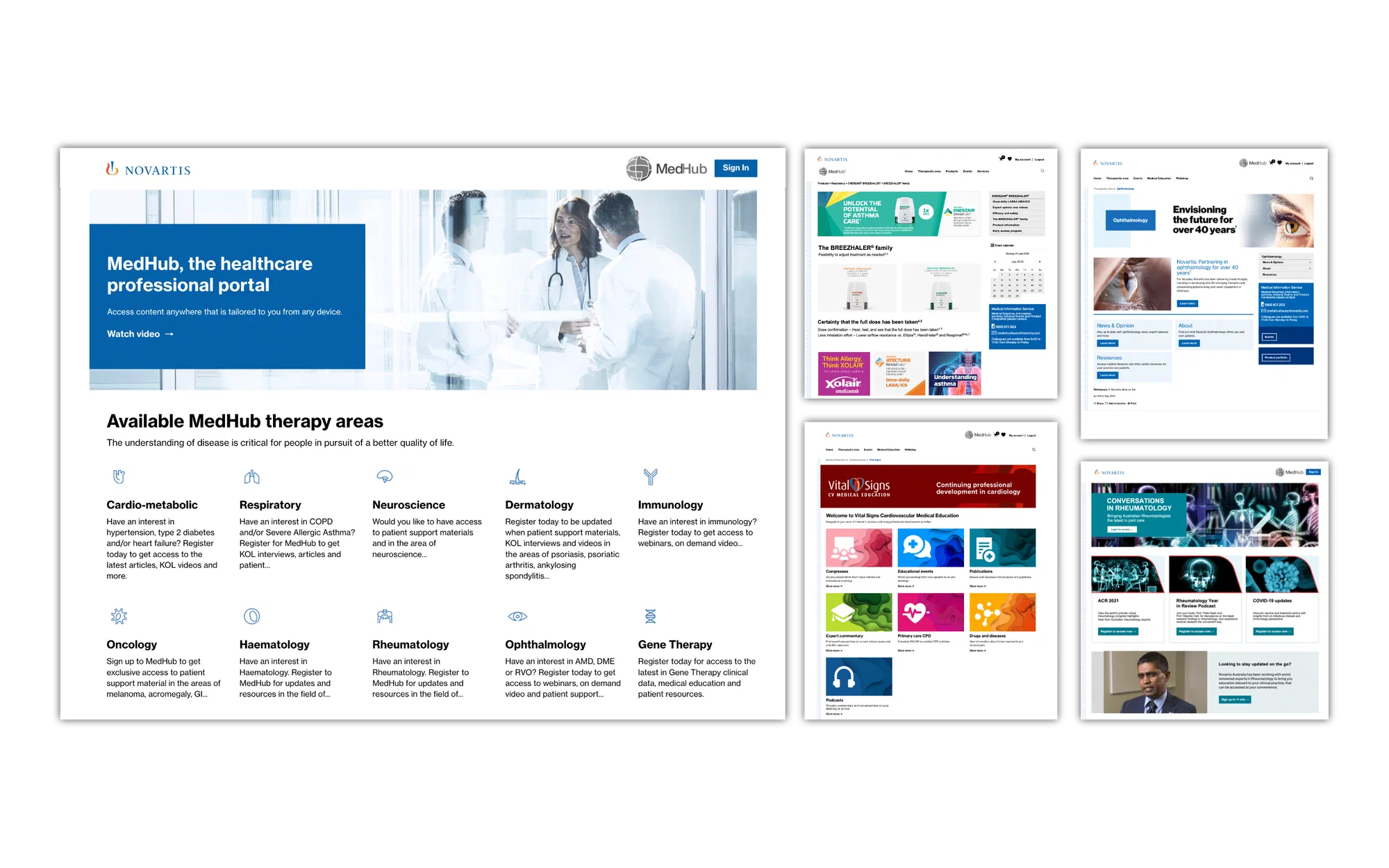 The MedHub homepage listing ten therapy areas as a grid, alongside four specialty pages: the Breezhaler respiratory family, Ophthalmology, the Vital Signs cardiology hub, and Conversations in Rheumatology