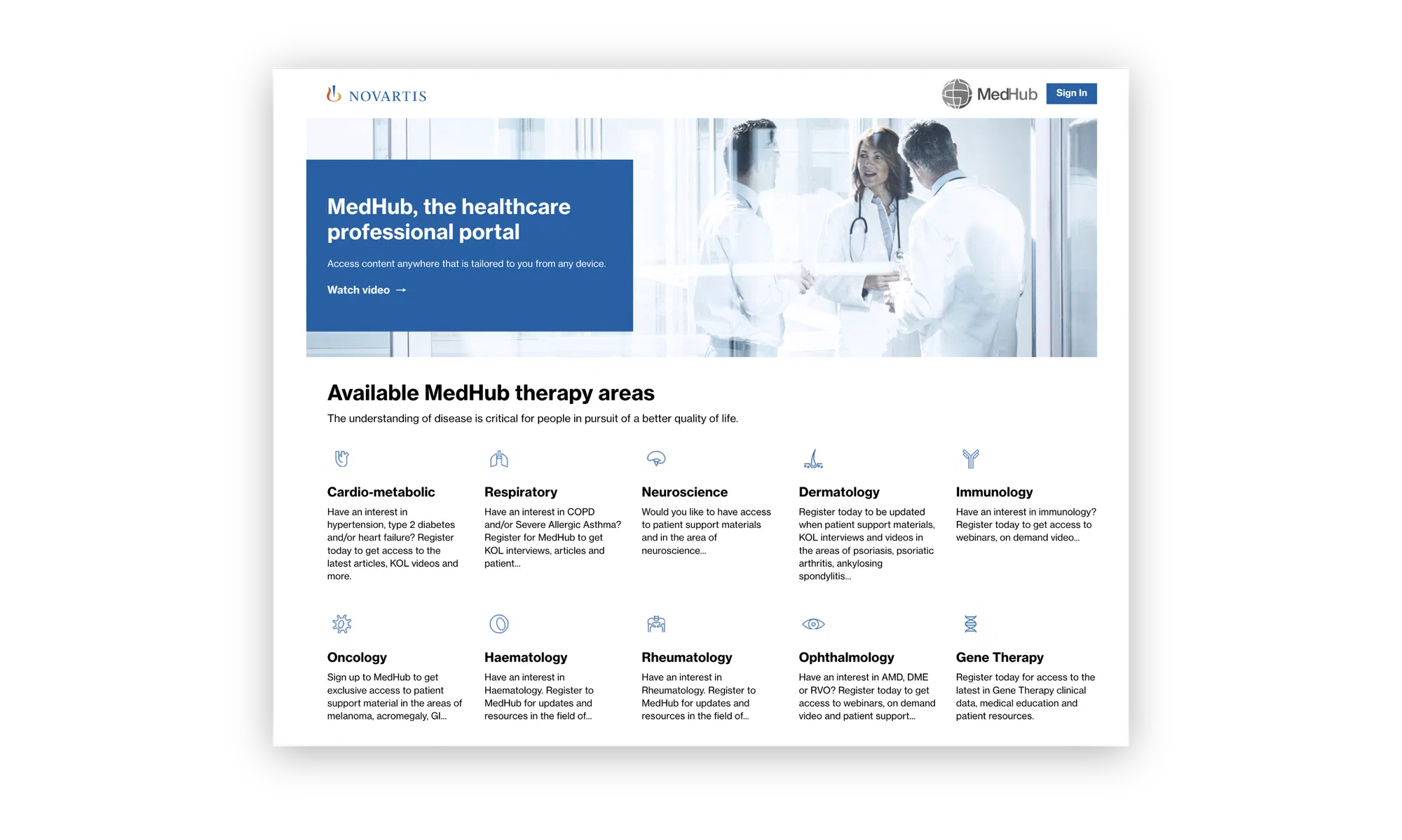 The main MedHub portal homepage, introducing the healthcare professional portal above a grid of ten available therapy areas