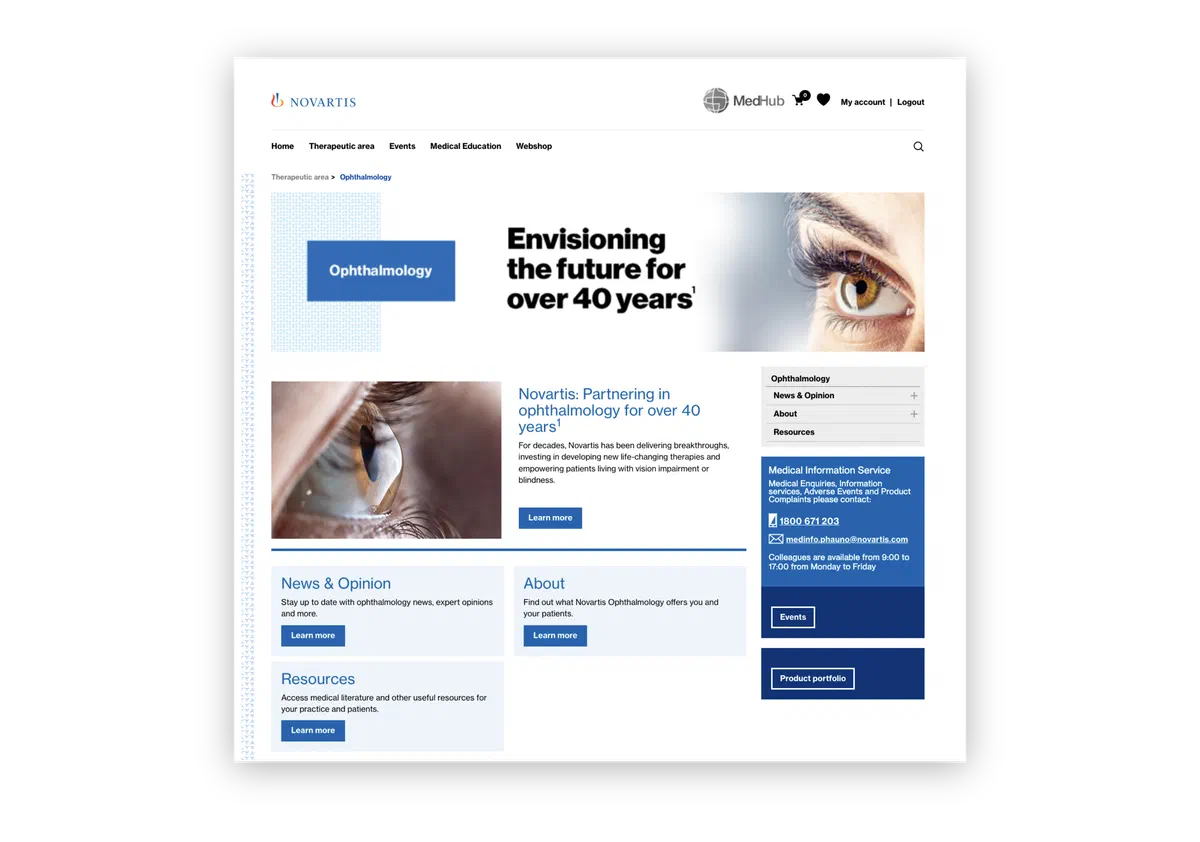 The Ophthalmology therapeutic area landing page, with a News & Opinion, About and Resources section alongside a Medical Information Service panel