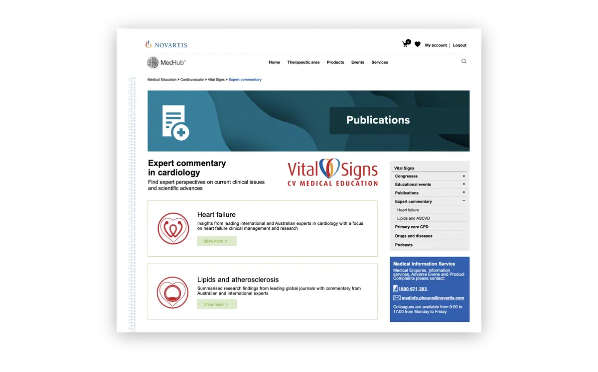 The Vital Signs Expert commentary section, listing Heart failure and Lipids and atherosclerosis topics with international and Australian expert insights