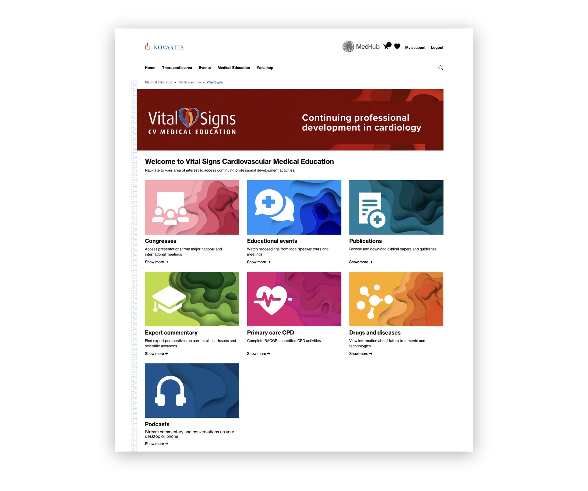 The Vital Signs cardiovascular medical education hub: a welcome banner over seven content tiles -- Congresses, Educational events, Publications, Expert commentary, Primary care CPD, Drugs and diseases, and Podcasts