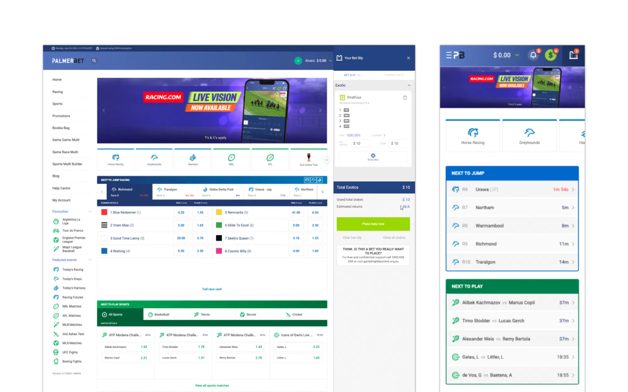 The legacy Palmerbet desktop site with a sidebar navigation and a bet-slip flyout open, next to the old mobile app's stacked racing and sports listings