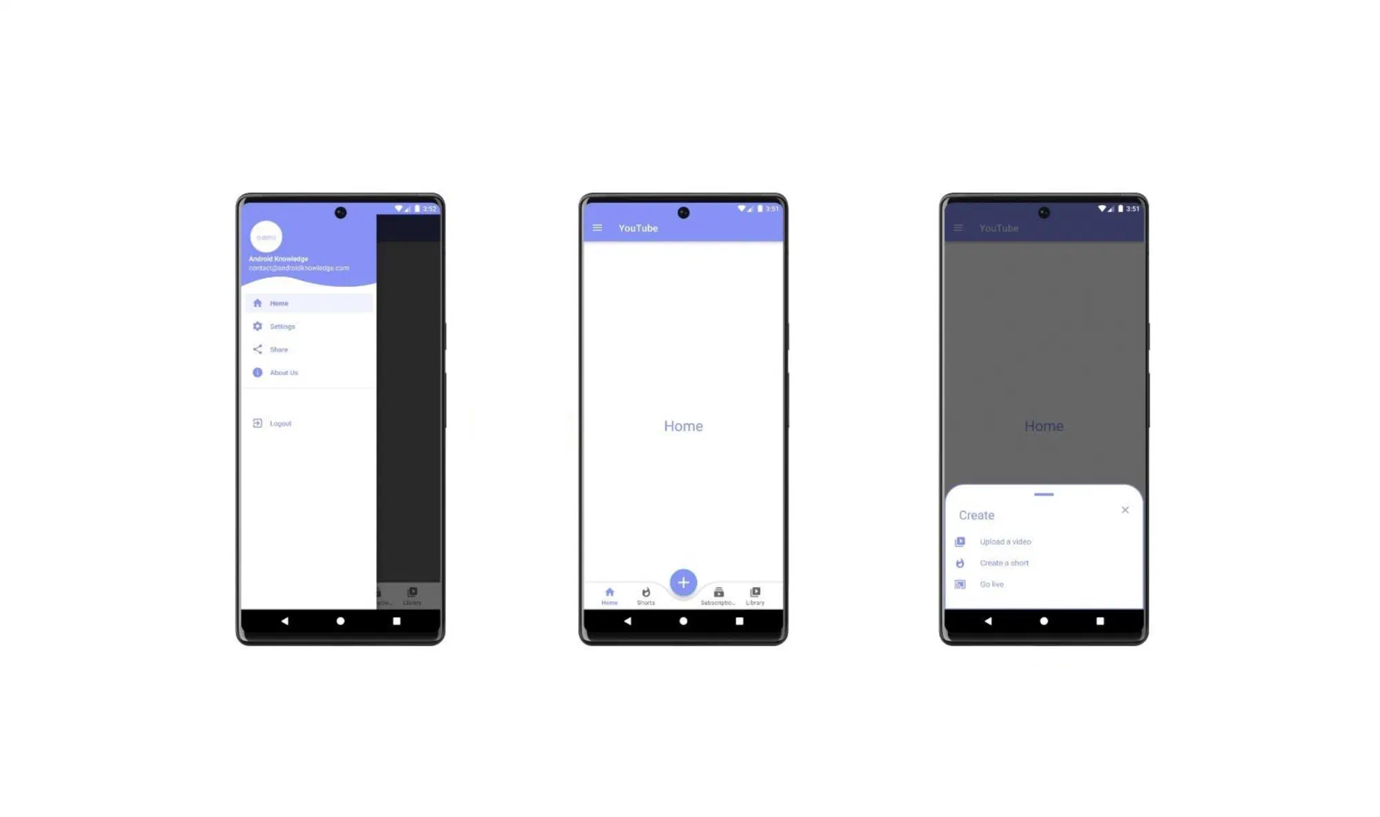Three mobile navigation patterns compared side by side: a navigation drawer, a bottom navigation bar, and a bottom dialog, each shown on a phone mockup