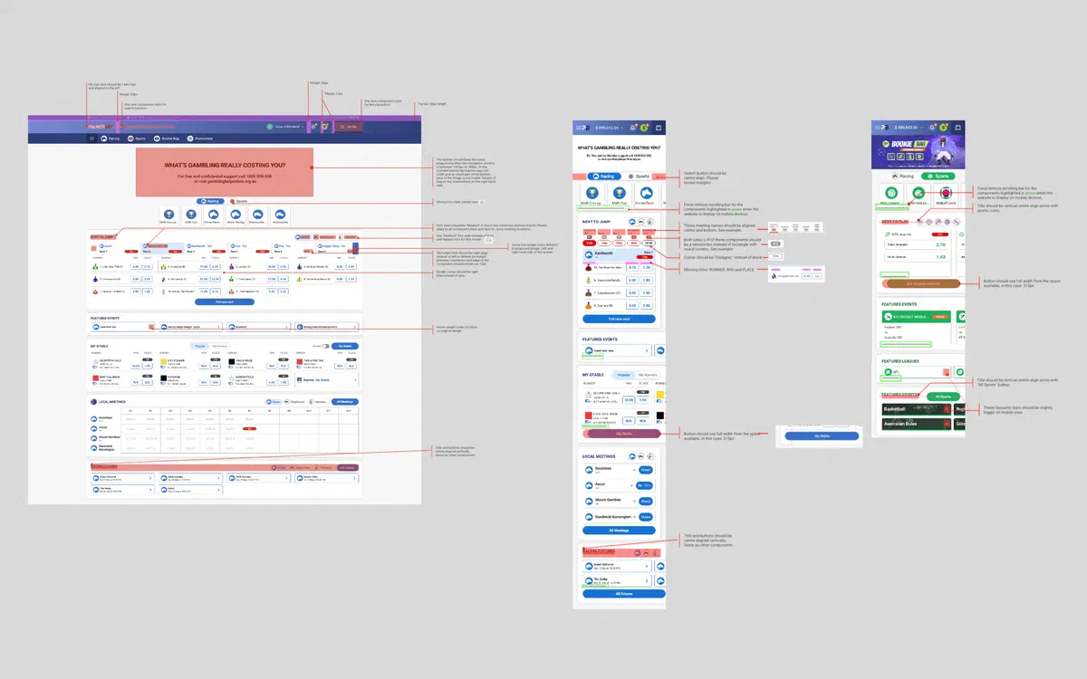 Annotated design QA redlines calling out spacing, colour, alignment and component-style corrections across desktop and mobile screens