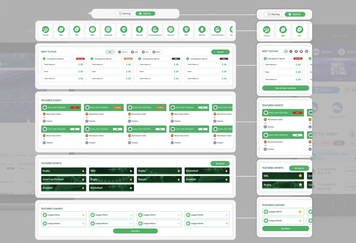 Side-by-side desktop and mobile mapping of the Sports home screen: sport categories, Next to Play, Featured Events, Featured Sports and Featured Leagues panels
