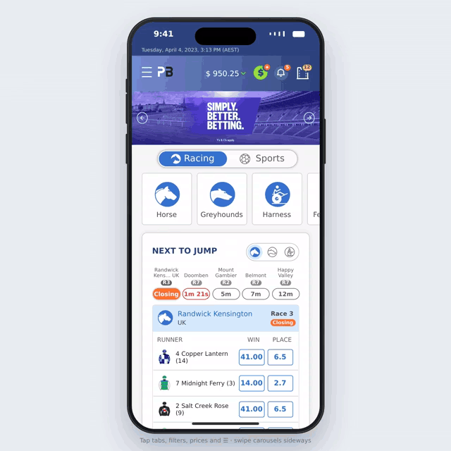 A looping animation of the Palmerbet mobile prototype crossfading between the blue Racing home screen and the green Sports home screen